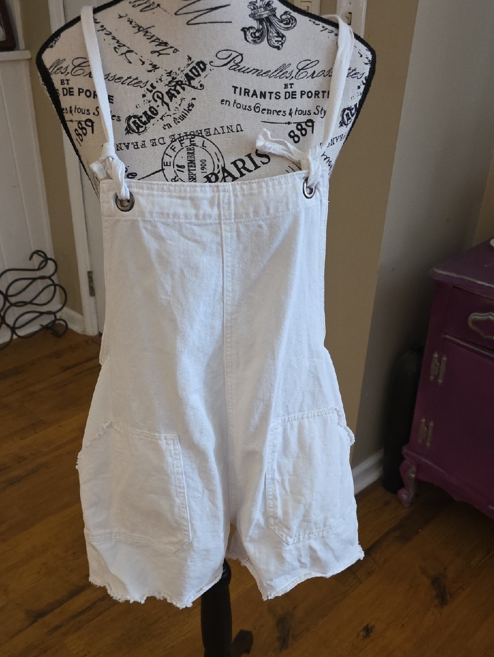White Denim Short Overalls Jumpsuit - Women's